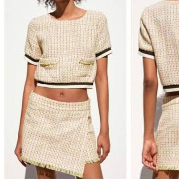 Zara Multicolor Tweed Short Sleeve Round Neck Crop Top and Shorts - Picture 1 of 10